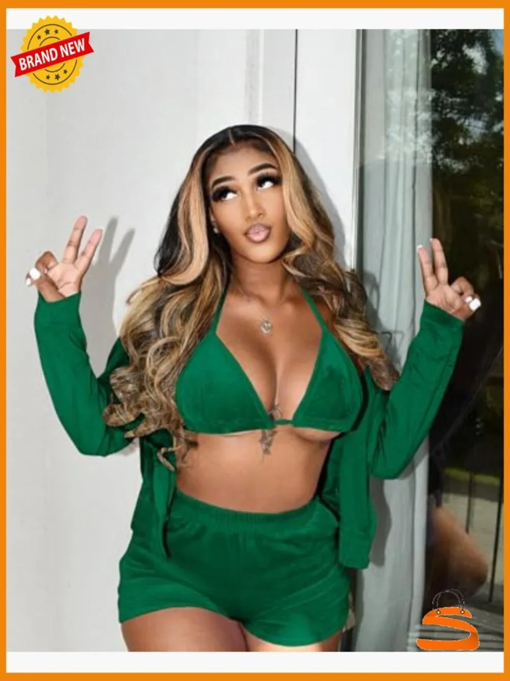 Womens 3 Piece Velour Lounge Set Hoodie Shorts Bra Sweatsuit Tracksuit